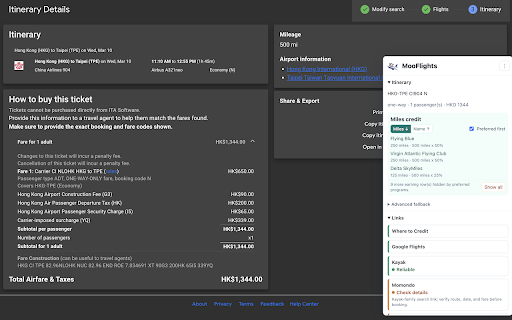 MooFlights :: Companion for Google Flights and ITA Matrix to show comparison prices and mileage earning.
