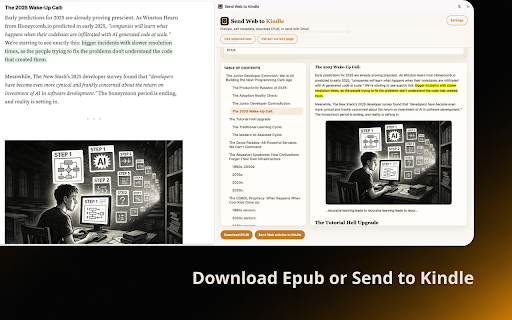 Send Web to Kindle :: Extract clean web articles locally, preview, auto-generate Tables of Contents, download EPUB files, and optionally send to Kindle.