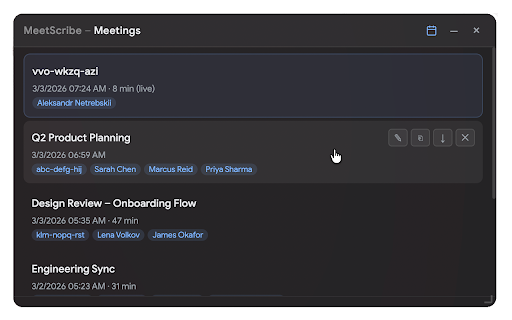 MeetScribe :: Live Google Meet transcription with meeting history.