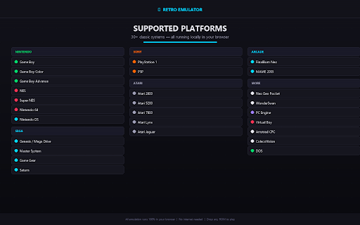 Retro Emulator All in One :: Drop any ROM file and play it instantly in your browser. No upload. No server. Powered by myemulator.onl.