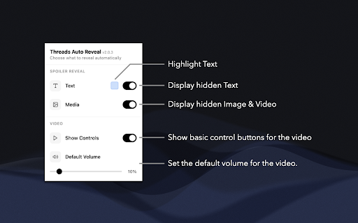Threads Auto Reveal :: Auto-reveal hidden spoilers on Threads (text & media), and enable video controls.