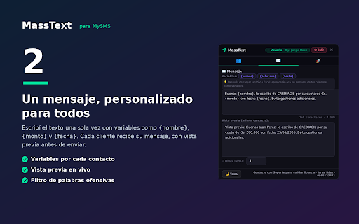 MassText :: Envío masivo de SMS desde MySMS. Cargá contactos desde CSV y enviá en masa. By: Jorge Baez