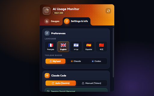 AI Usage Monitor – Claude Code & Codex :: Your Claude Code and Codex quotas at a glance: 5-hour and weekly gauges, reset countdown, toolbar badge and alerts.