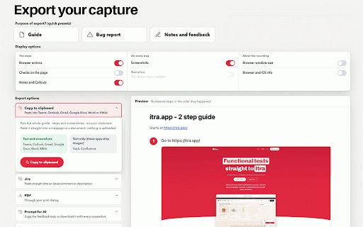 Itra :: Capture browser actions and narrate as you go. Itra turns them into guides, tutorials, or bug reports to edit and share.