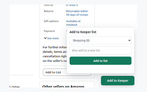 Keeper :: Save products in one click, organize lists, and copy a clean shareable text.