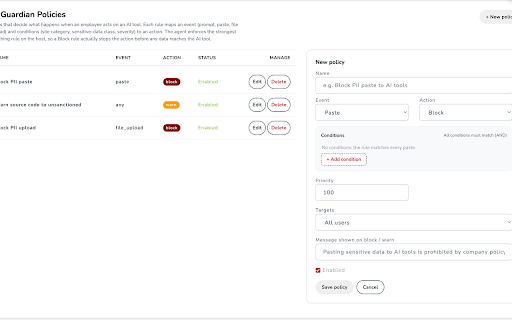 WASViking AI Guardian :: Enterprise AI exposure monitoring. Blocks sensitive data leaks to public AI tools. On-device, no traffic interception.