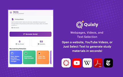 Quixly - AI Flashcards and Quiz :: Generate quizzes, flashcards, study guides, and more from any webpage content with AI