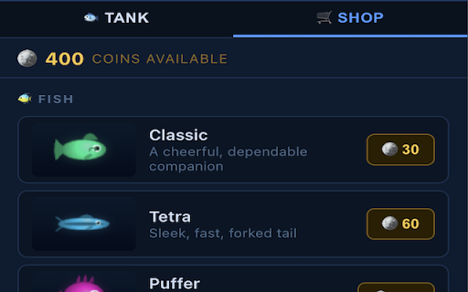 Focus Fish Tank :: Stay focused or your fish will suffer. A virtual fish tank that reacts to your browsing habits.