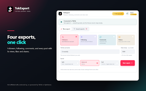 TokExport - TikTok Follower List, Following & Comment Export Tool :: TikTok comment export, follower list and following list to CSV, Excel or JSON. Long exports resume where TikTok stopped.