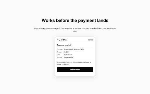 Norman — invoices into bookkeeping :: Save the invoice on any page straight into your Norman bookkeeping, matched to the right bank transaction.