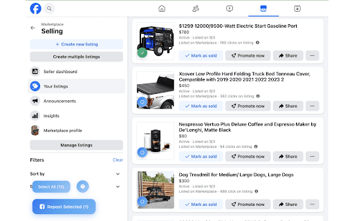 Facebook Marketplace Relister - Delete & Relist :: Automatically repost Facebook Marketplace listings to increase visibility and sales. Smart relisting with customizable intervals.