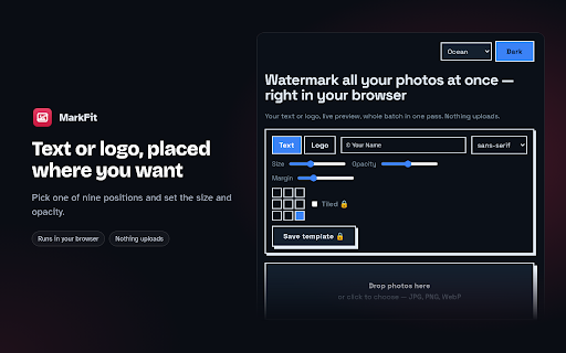 Watermark Images & Photos in Bulk | MarkFit :: Add your text or logo watermark to many photos at once — entirely on your device. Live preview, ZIP export.