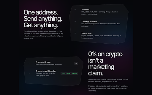 uSwap — Anything in, anything out: Verify Payments Securely :: uSwap in your browser — instant crypto swaps, fiat onramp payment capture, and checkout tools.
