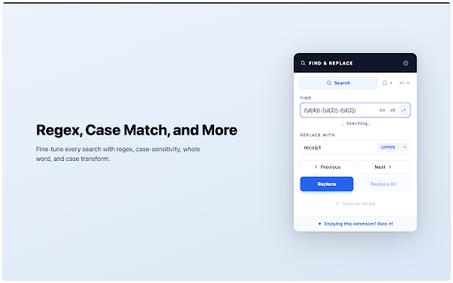 Find & Replace :: Find and replace text in any input, rich text editor, or JSON field on any page. Regex, match counter, history, and shortcuts.