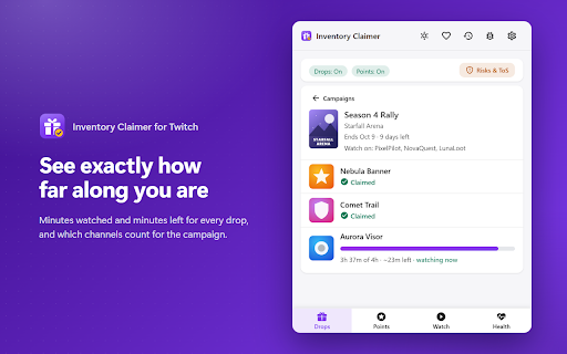 Inventory Claimer for Twitch :: Automatically claims Twitch Drops and channel point bonuses once you have earned them, with a dashboard for progress and points.