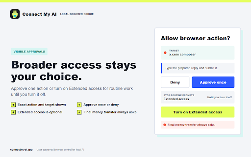 Connect My AI Bridge :: Connect local AI agents to your browser with selectable permissions, signed actions, Panic Stop, and an audit trail.