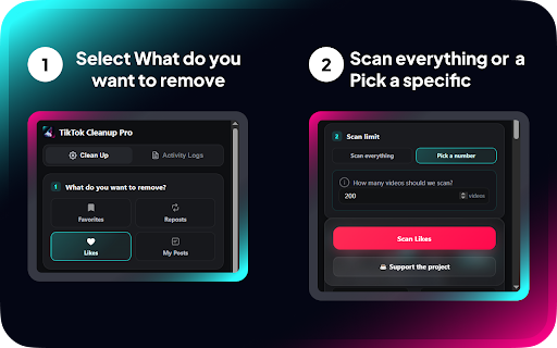 Ultimate TikTok Cleanup :: Bulk remove TikTok Favorites, Reposts, Likes & Posts. No password. 100% local in your browser.