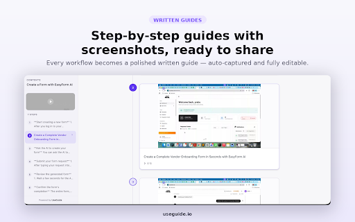 UseGuide Recorder :: Record your screen and let UseGuide AI turn it into a polished, narrated product tutorial.