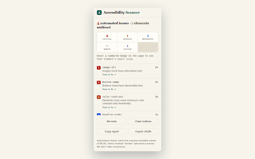 Accessibility Scanner — WCAG, ADA & Color Contrast Checker :: Test any page for WCAG issues: color contrast, alt text, form labels, headings. Outlined where they are. No login, no email.