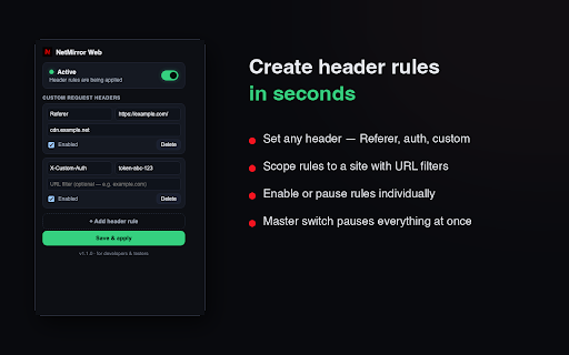 NetMirror Web :: NetMirror Web — add, modify or remove an HTTP request header for all requests on a website or URL.