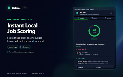 BidLume — Upwork Job Fit & Risk Analyzer :: Score Upwork jobs for risk, client quality, budget fit, and skill match. Optional BYOK AI.