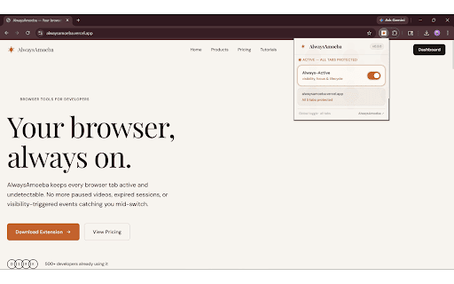 AlwaysAmoeba :: Keeps every tab always active — visibility, focus, and lifecycle events globally.