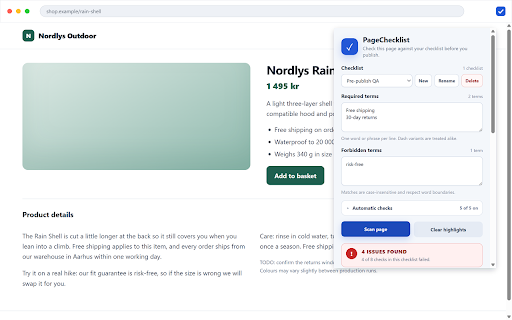 PageChecklist – Required & Forbidden Text :: Check any page against your own required and forbidden terms. Local, private and no sign-up.