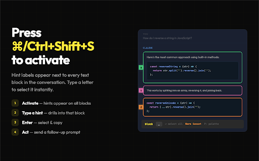 Claude Chat HUD — Keyboard Overlay for AI Chats :: Keyboard hints for ChatGPT, Claude, and Gemini. Drill into any AI response — block, sentence, or word — then copy or fire a prompt.