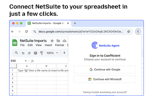 NetSuite Agent for Google Sheets & Excel by Coefficient :: A chrome extension to sync NetSuite Records, Saved Searches, Datasets & SuiteQL to Google Sheets or Excel — one click, auto-refresh.