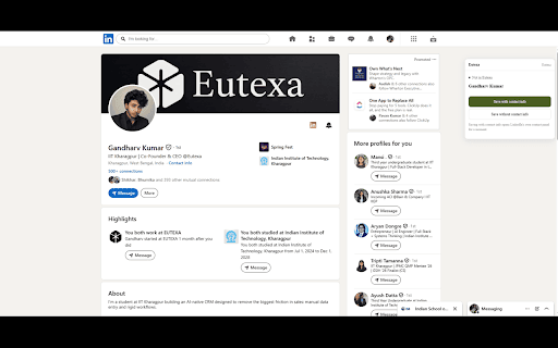 Eutexa for LinkedIn :: Send the LinkedIn messages your sequences queue up, record the replies, and add people to your Eutexa CRM without retyping them.