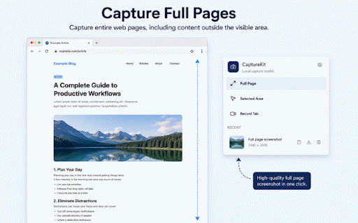 CaptureKit :: Capture full pages, selected areas, and short local tab recordings.