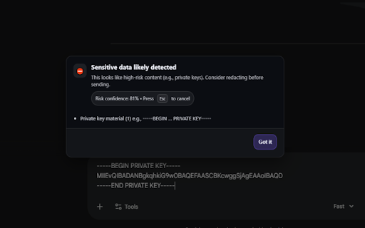 PromptGuard :: On-device protection against accidental sensitive-data leaks to AI chat tools.