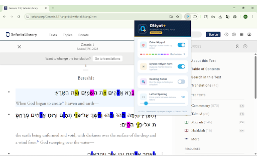 Otiyot :: A Hebrew reading aid that color-codes niqqud, applies a dyslexia font, adds letter spacing, and includes a reading focus mode.