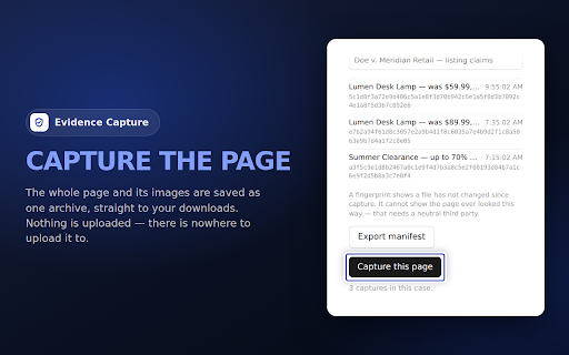 Evidence Capture — Webpage Archive & Proof :: 📸 Save any page as a hash-verified, timestamped archive — tamper-evident proof. 7-day free trial.