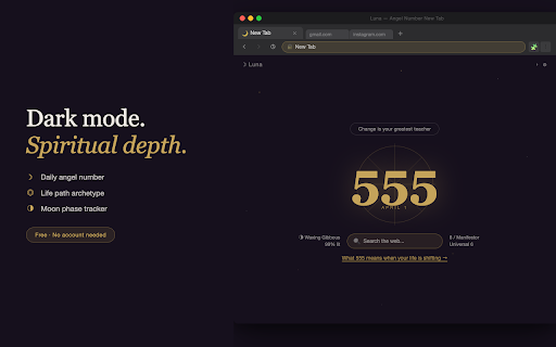 luna: daily angel numbers new tab :: Experience daily inspiration with Luna's spiritual new tab. Explore angel numbers, life path insights, and moon phases.