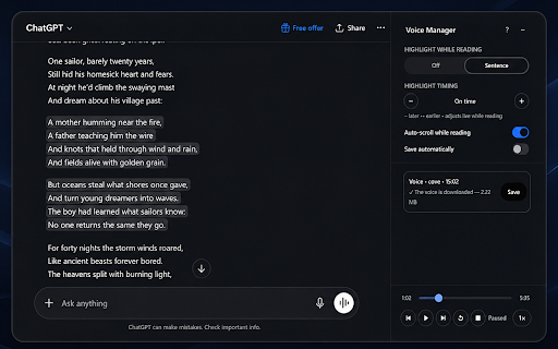 Chatgpt Voice Manager :: Downloads ChatGPT 'Read aloud' audio as it streams and highlights the sentence/word being spoken.