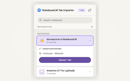 NotebookLM Tab Importer :: Browse your NotebookLM notebooks and upload selected browser tabs as sources — right from the toolbar.