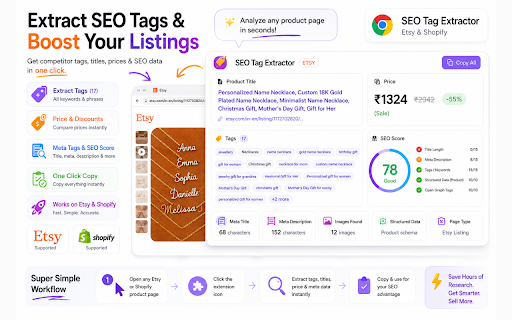 SEO Tag Extractor — Etsy & Shopify :: Extract competitor tags, keywords, meta data & prices from Etsy and Shopify listings in one click. Perfect for.