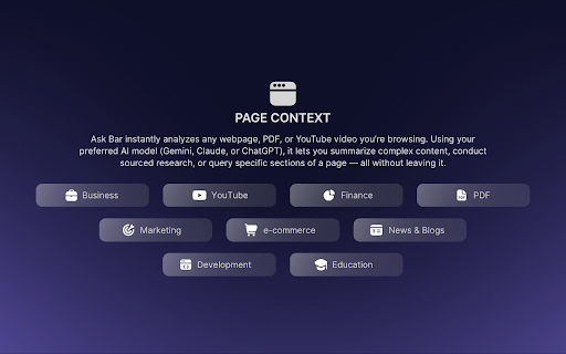 Ask Bar: AI Answers on Every Page :: AI chat with page context, sourced web research, image capture, PDF reading, and multi-model support.