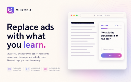 QuizMe — Remember anything you read. :: Turn anything you read into spaced-repetition flashcards. Review in ad slots as you browse the web.