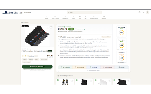 Leif List - Sustainability Scores :: See a brand's sustainability score while you shop on Amazon and partner brand sites. Click the Leif icon to check any product.