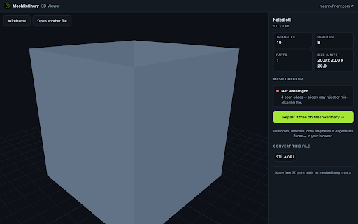 3D Viewer & Mesh Checker - STL, OBJ, 3MF, GLB :: Open STL, OBJ, 3MF, GLB & GLTF files 100% offline. Instant mesh checkup for 3D printing: watertight, holes, non-manifold edges.