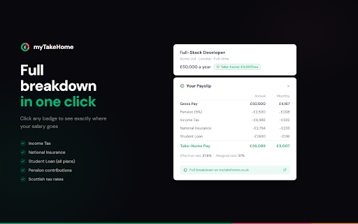 myTakeHome - UK Salary Calculator for Job Listings :: See your take-home pay instantly on UK job boards. Calculates net salary after tax, NI, student loans, and pension.