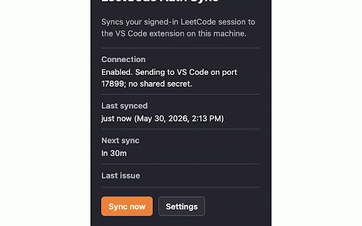 LeetCode VS Code Auth Sync :: Syncs your signed-in leetcode.com browser session to the LeetCode with Auth Sync VS Code extension on localhost.
