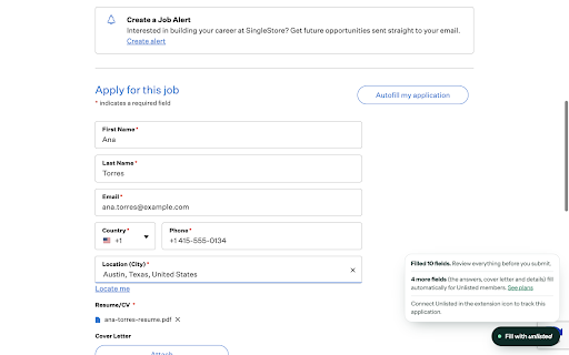 Unlisted Autofill :: Fill job applications on company careers sites with your saved details in one click. You review, you submit.