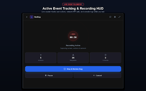 RecBug Extension :: Capture HD bug recordings, console logs, and network telemetry to create and export complete bug reports to your issue tracker.