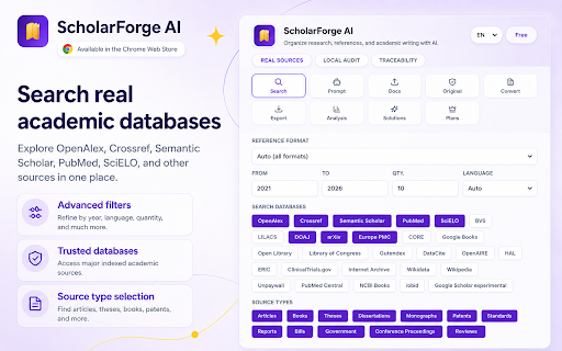 ScholarForge AI :: Trusted research assistant with real sources, local auditing, citations, and structured prompts for AI-assisted writing.