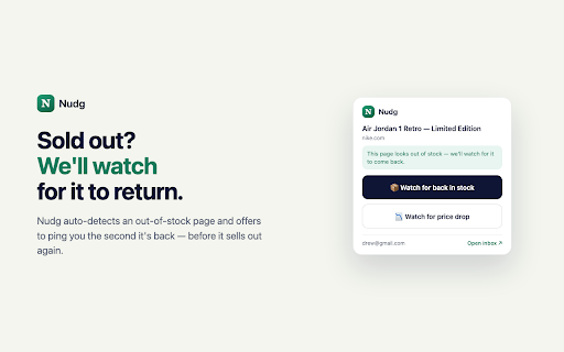 Nudg — Price Tracker & Back-in-Stock Alerts :: Price tracking for any product page — get a price drop or back-in-stock alert the moment it happens. One click to start.