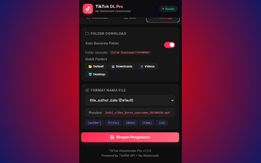 TikTok Video Downloader Pro :: Download TikTok videos with proper naming, folder selection, per-video or bulk account download.