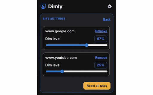 Dimly — Screen dimmer for bright pages :: Dim any site with a global slider or per-site levels. Quick lock, scheduling, smooth fade.